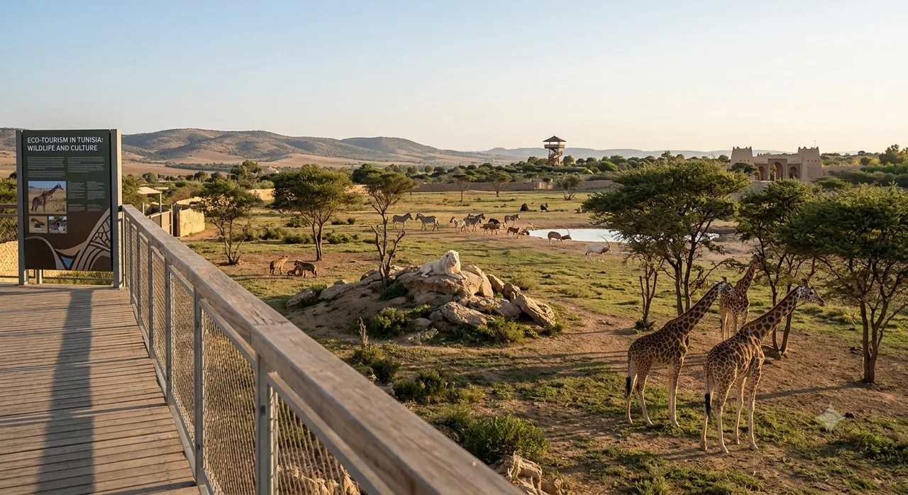 capture the core themes of eco-tourism and conservation, featuring key species like giraffes, white lions, and zebras in a spacious, natural North African environment